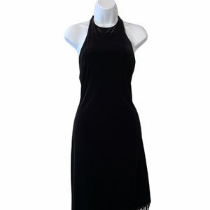 Vintage Halter Dress in Black Velvet with fringe